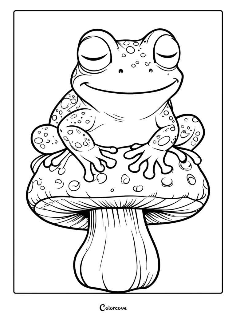 A cute frog with closed eyes sitting peacefully on top of a spotted mushroom in this printable coloring page.
