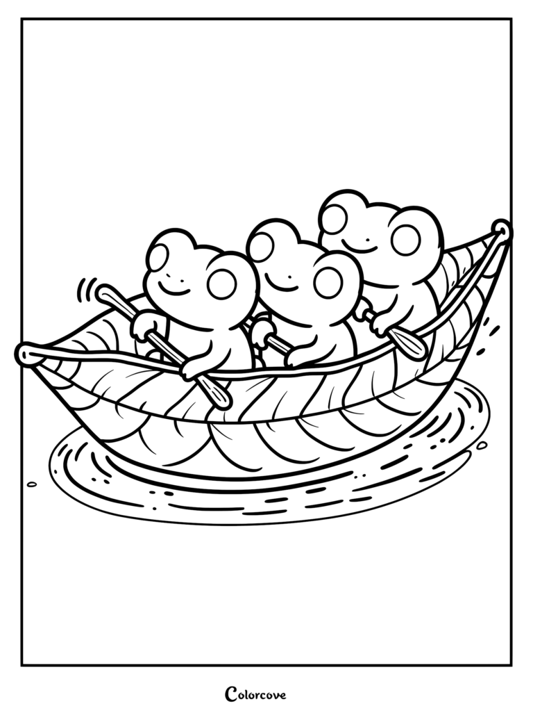 Three cute frogs rowing a leaf boat together in this printable coloring page.