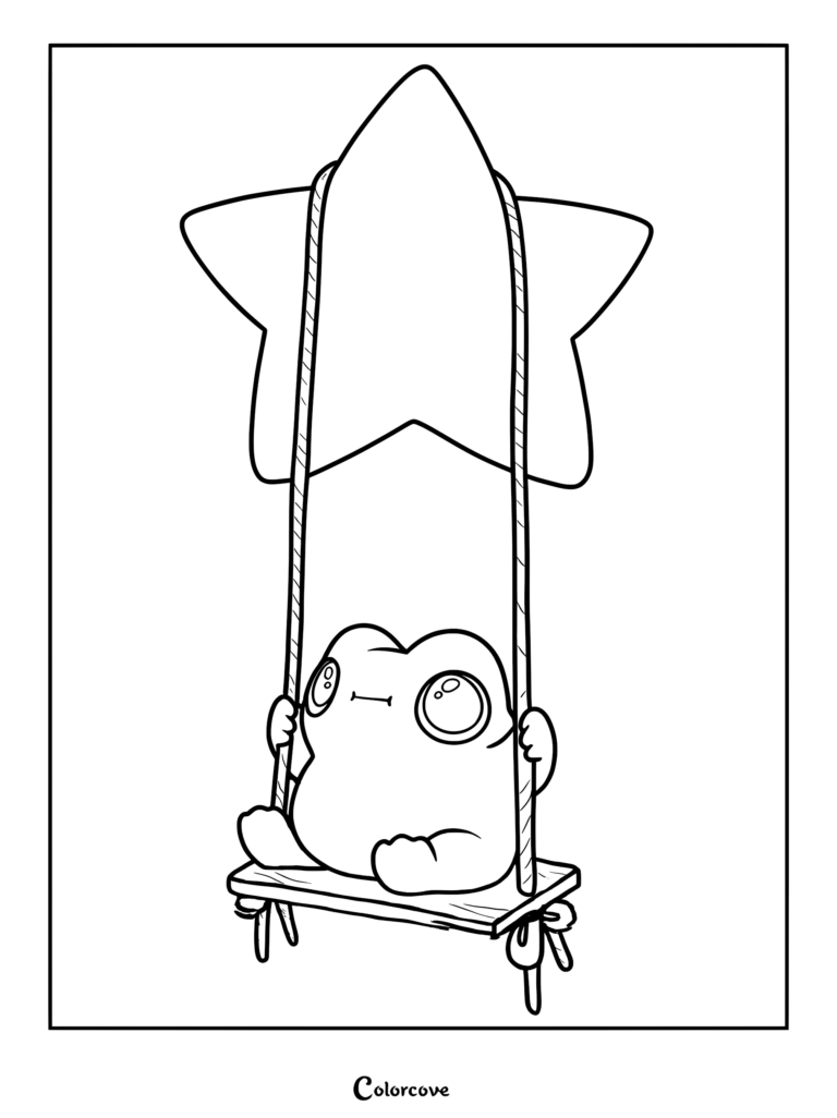 A cute frog sitting on a wooden swing suspended from a large star in this printable coloring page.