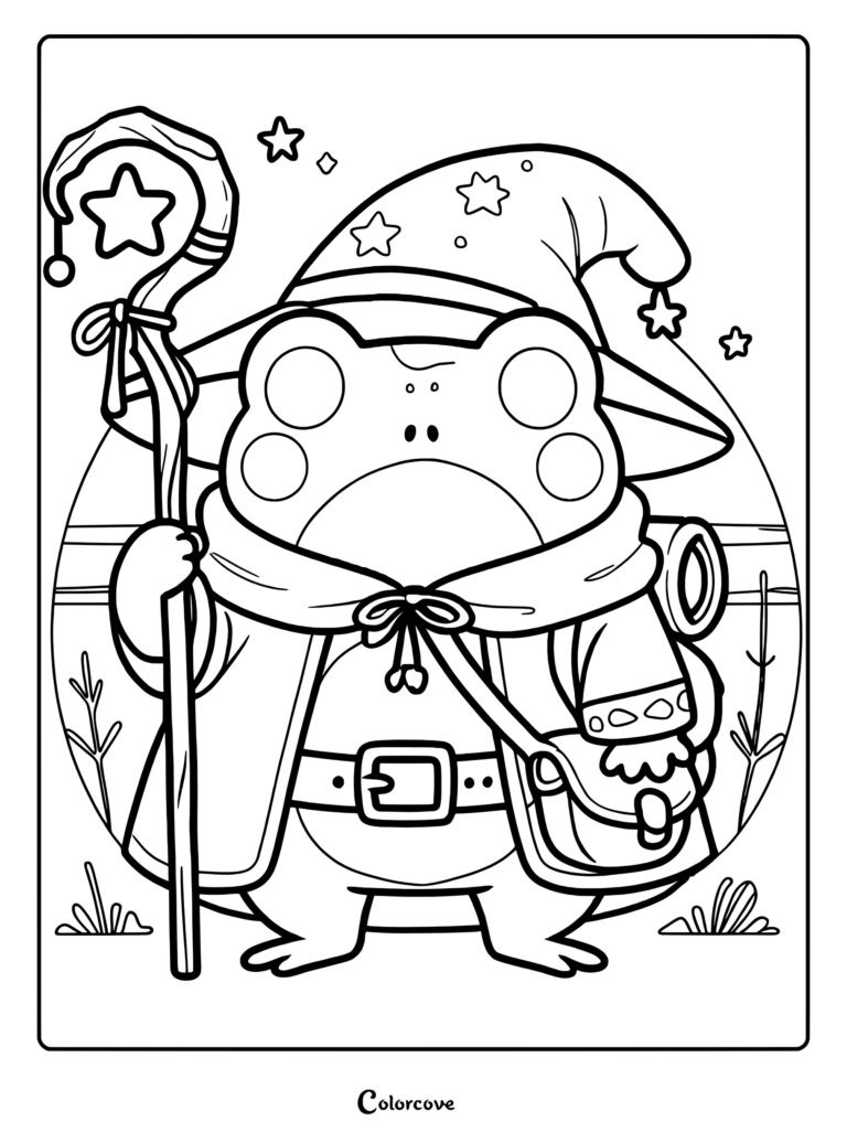 A cute frog wizard wearing a star-patterned hat and cape, holding a magical wooden staff with a star topper, presented as a printable coloring page.