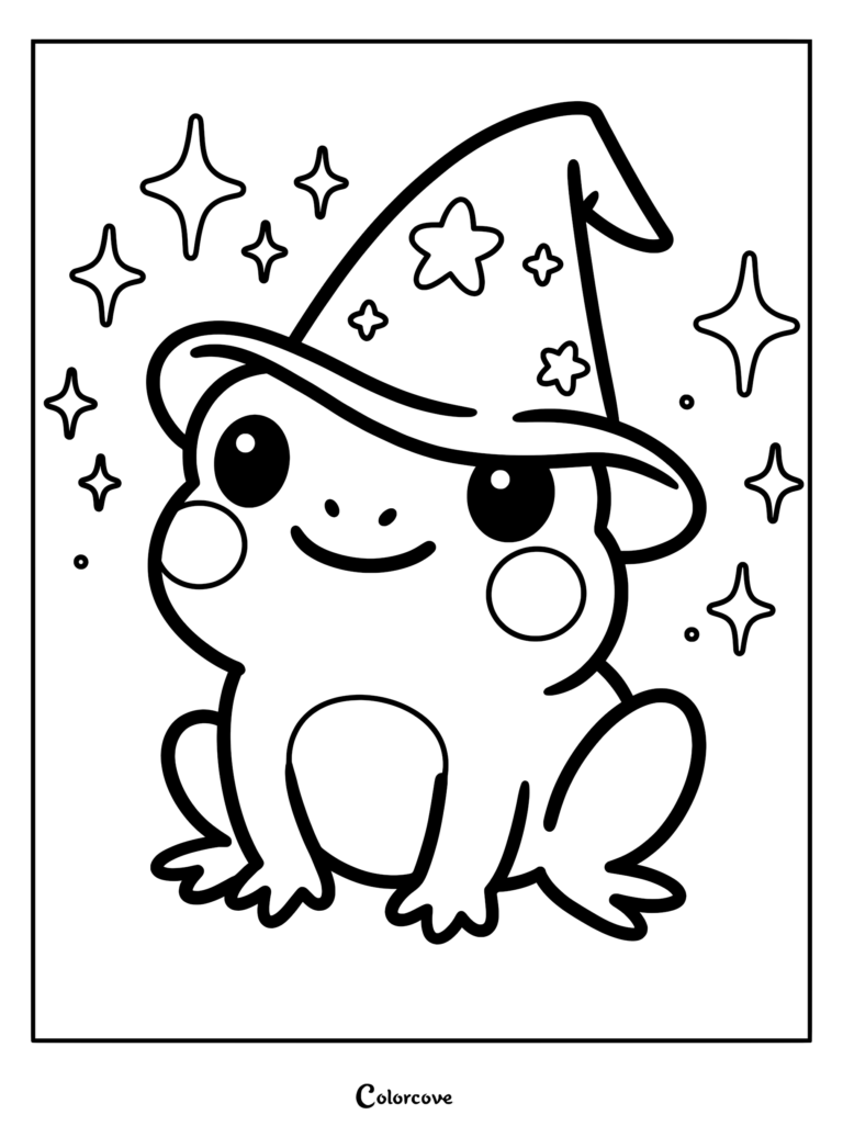 A cute frog wearing a star-patterned wizard hat surrounded by sparkling stars in this printable coloring page.