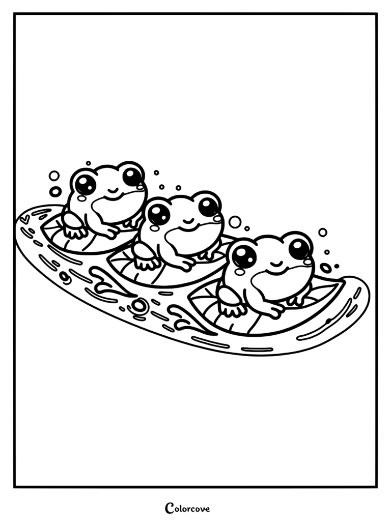 Three cute frogs sitting on individual lily pads in a pond, coloring page style line art.