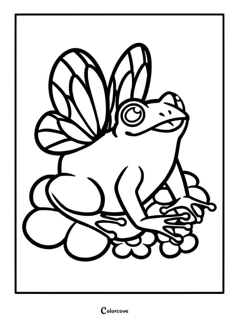 A cute frog with delicate fairy wings sitting on a cluster of flowers in this printable coloring page.