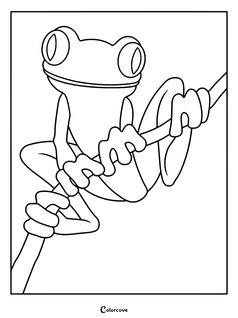 A cute frog perched on a thin branch, detailed line art coloring page.
