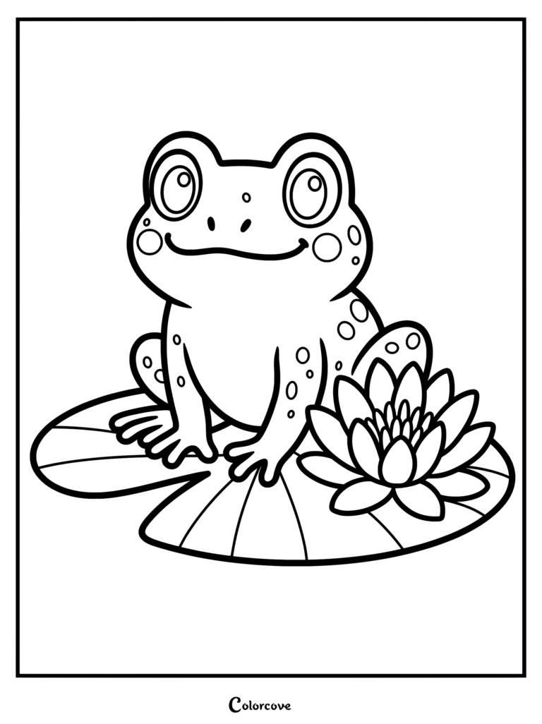 A cute frog sitting on a lily pad next to a blooming water lily flower in this printable coloring page.