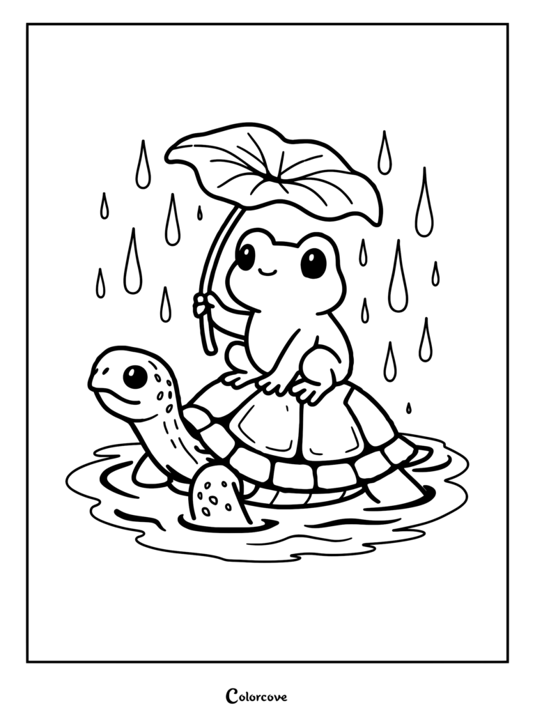 A cute frog holding a leaf umbrella while riding on a turtle's back during a rainstorm in this printable coloring page.