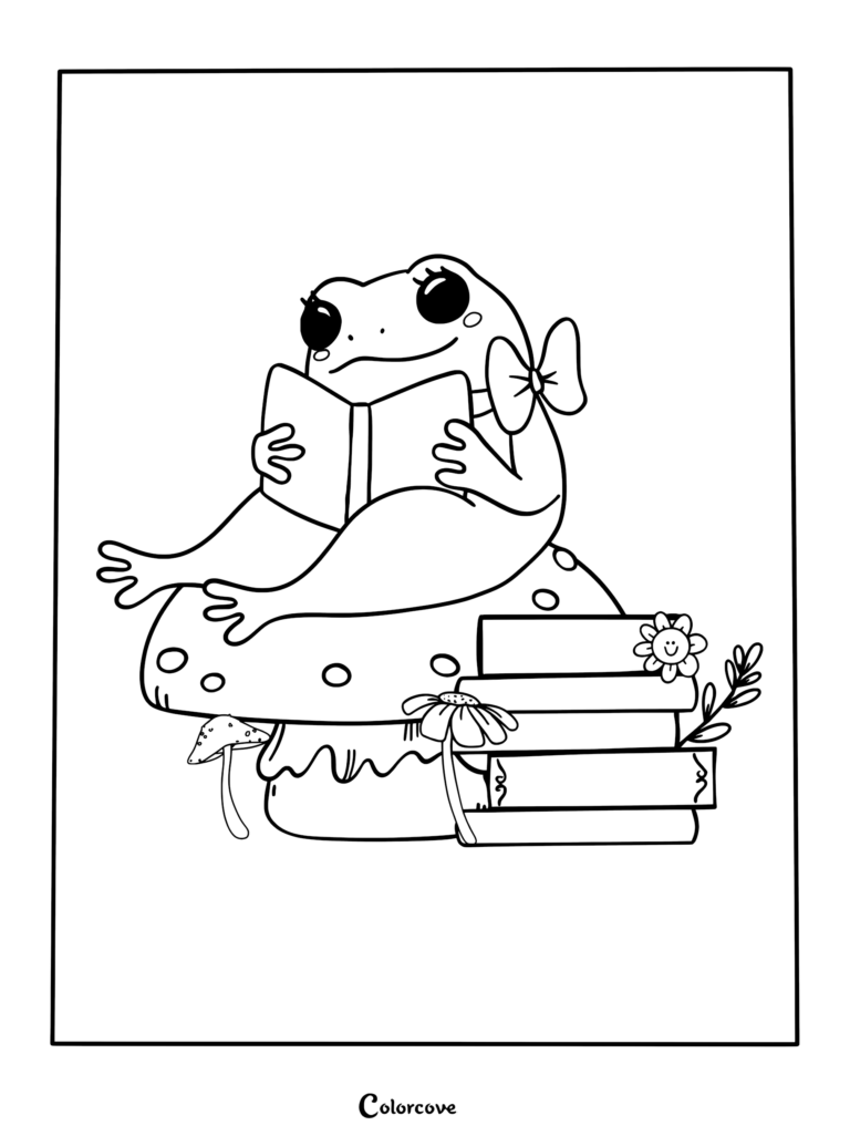 A cute frog with a bow reading a book while sitting on a large spotted mushroom next to a stack of books, printable coloring page.