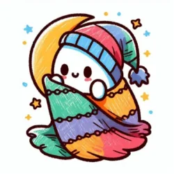 Cute cartoon character bundled in a colorful blanket by the moon, ideal for a fun kids' coloring page.