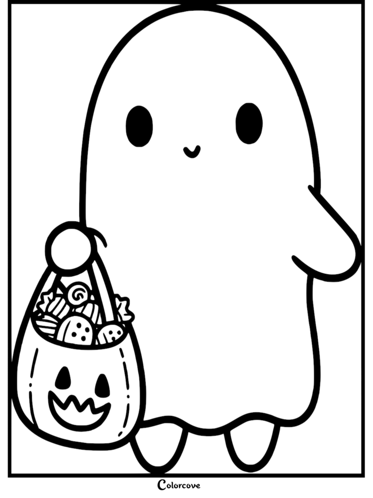 A cute ghost coloring page holding a Jack-o'-lantern pumpkin bucket filled with assorted Halloween candies.