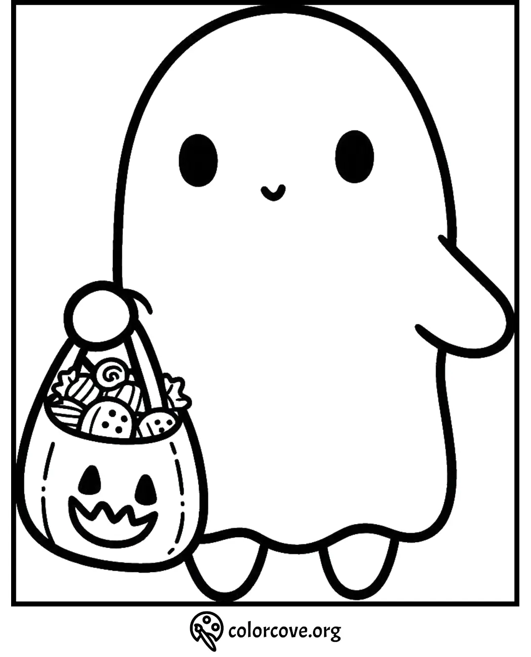 Cute ghost with Halloween candy bag coloring page for kids.