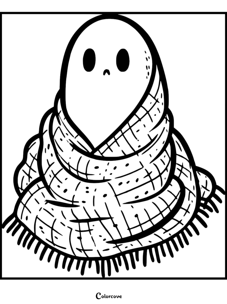A cute ghost with oval eyes and a small mouth, wrapped snugly in a thick, textured, fringed scarf, line art coloring page.