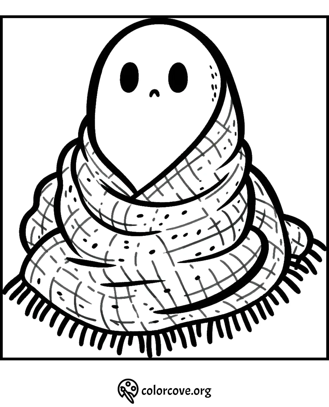 Cute ghost wrapped in a cozy plaid blanket, coloring page for kids.