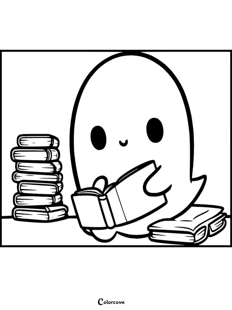 A cute ghost sitting on the floor reading a book next to a tall stack of books, in this printable coloring page.