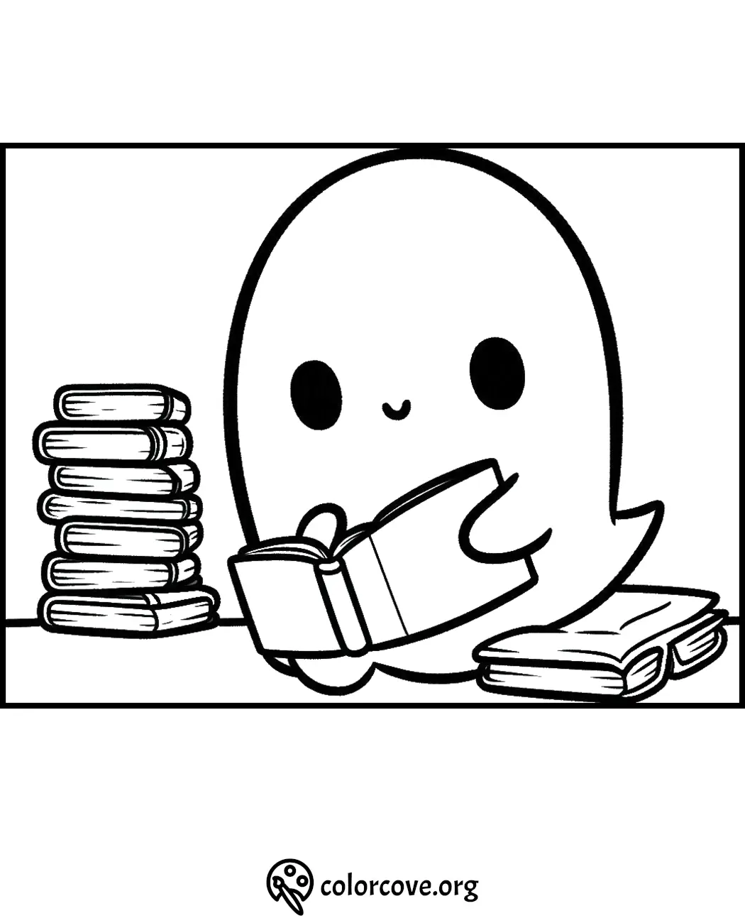 Cute ghost coloring page with stacks of books, perfect for kids who love reading and coloring.