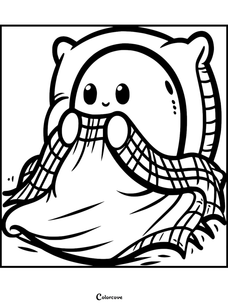 A cute ghost peeking over the top of a fluffy pillow while wrapped in a cozy plaid scarf, line art coloring page.