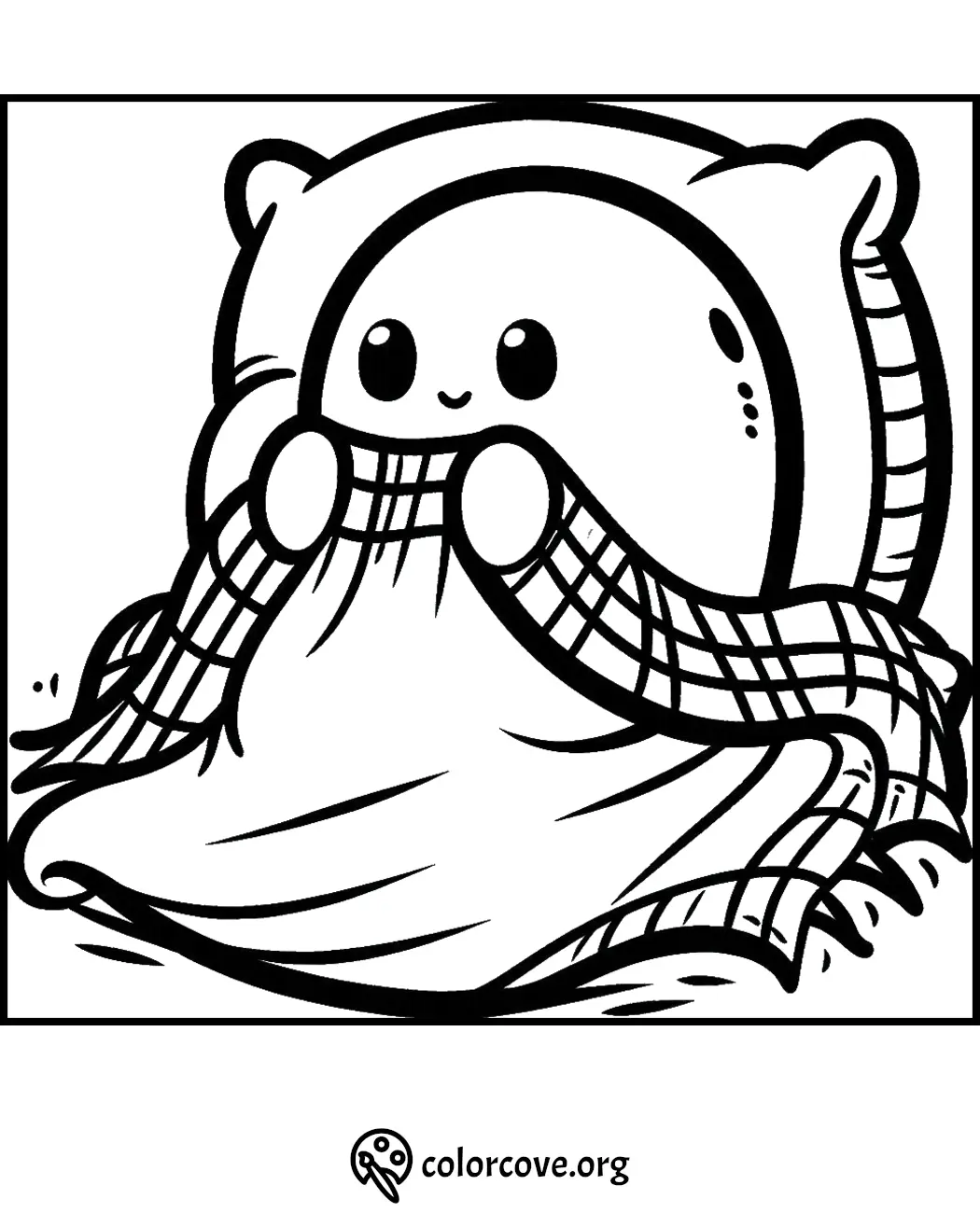 Cute bear with blanket coloring page for kids, featuring simple design and cozy vibes.