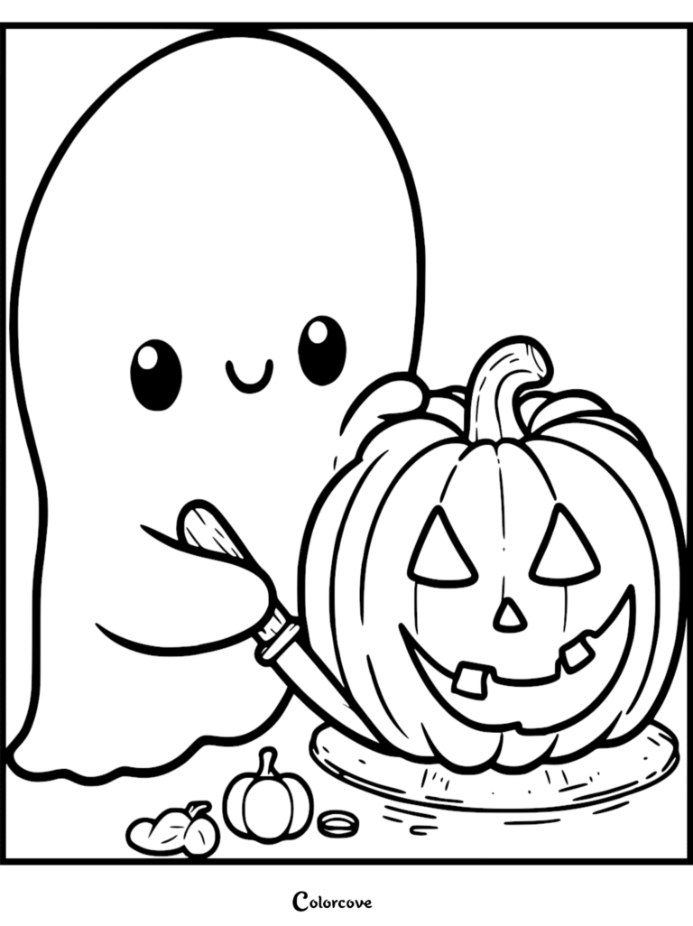 A friendly ghost holding a small knife carving a smiling jack-o'-lantern with tiny pumpkins on the floor in this free printable coloring page.