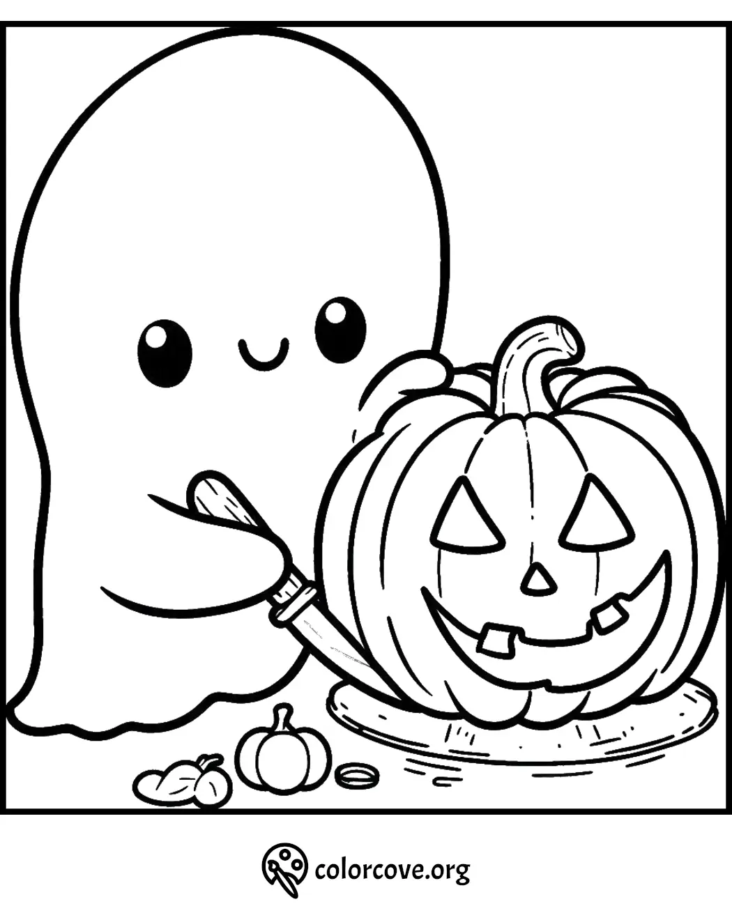 Cute ghost painting a happy jack-o'-lantern coloring page for Halloween fun.