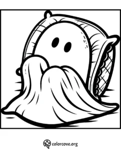 Cute ghost under a blanket coloring page, perfect for kids' Halloween fun and creative activities.