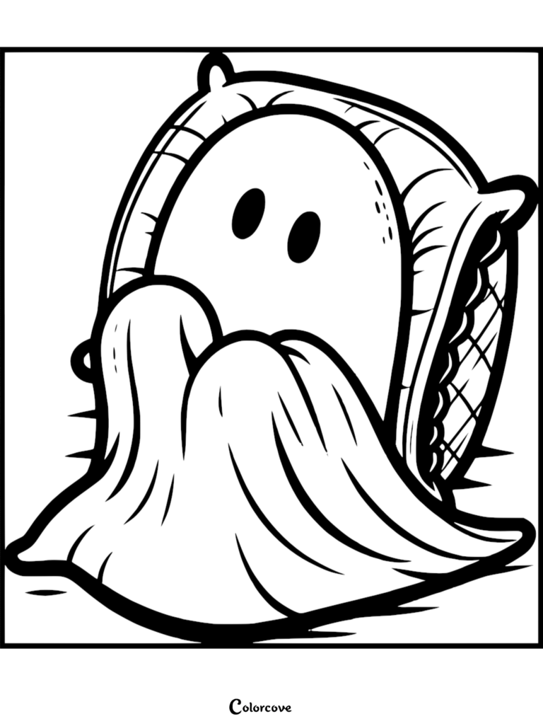A cute ghost hiding behind a fluffy pillow, featuring simple oval eyes and draped fabric, black and white coloring page style.