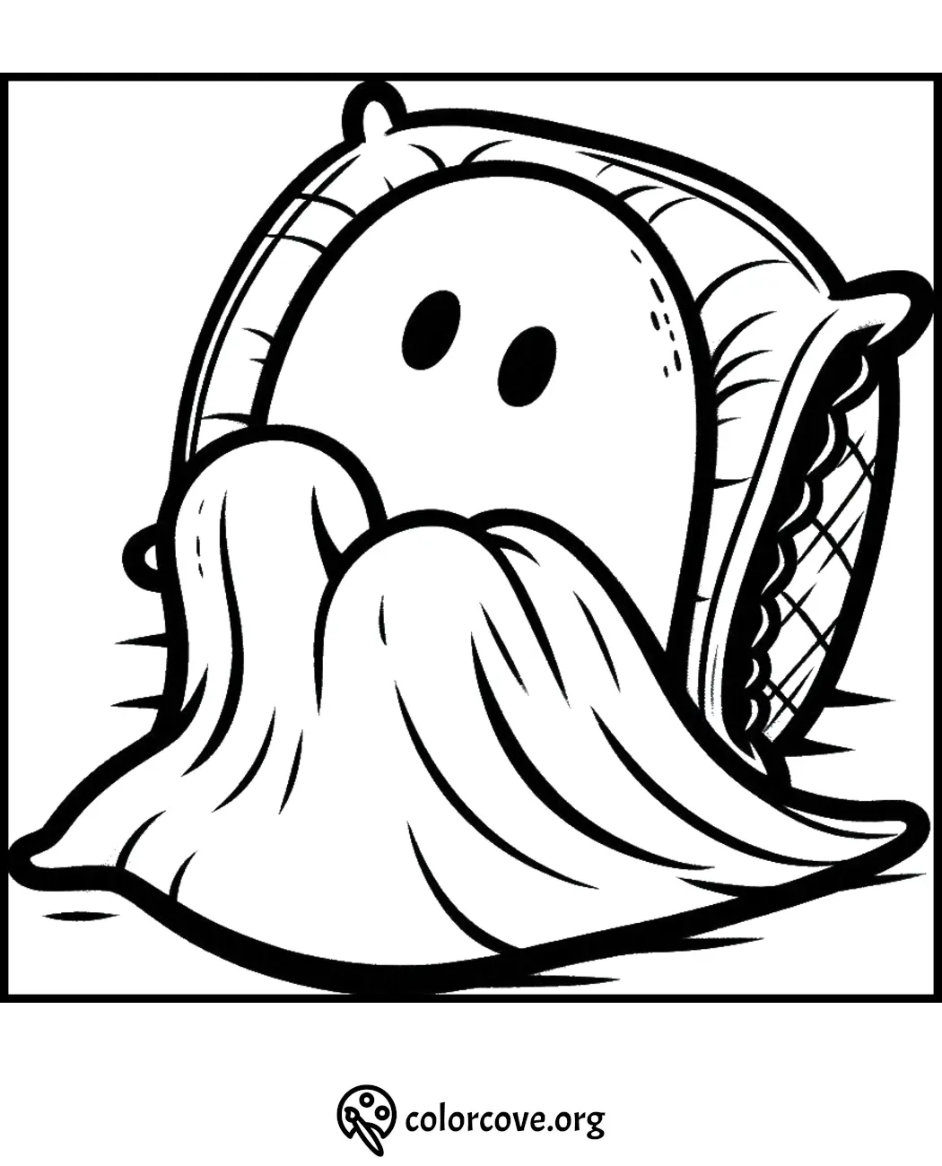 Cute ghost under a blanket coloring page, perfect for kids' Halloween fun and creative activities.