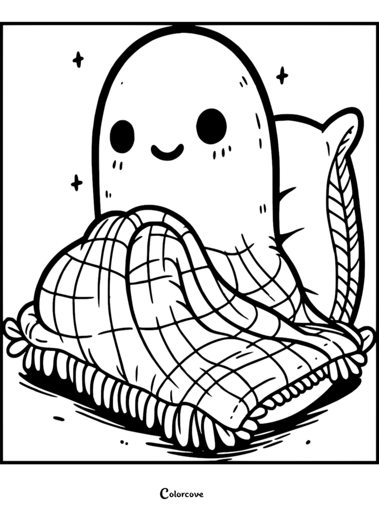 Cute ghost wearing a plaid blanket and sitting against a fluffy pillow, digital line art coloring page for children.