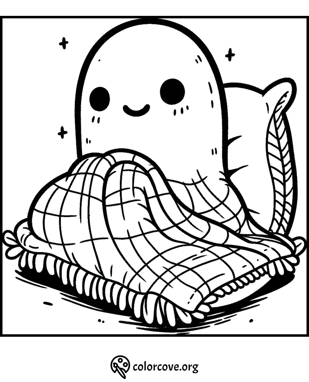 Cute cartoon ghost snuggled under a blanket coloring page for kids.