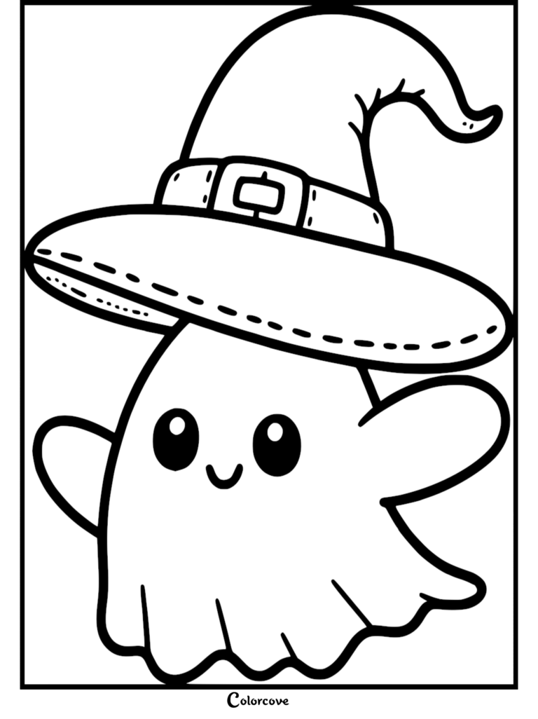 A friendly free cute ghost wearing a large witch hat with a buckled band in a simple outline coloring page format.