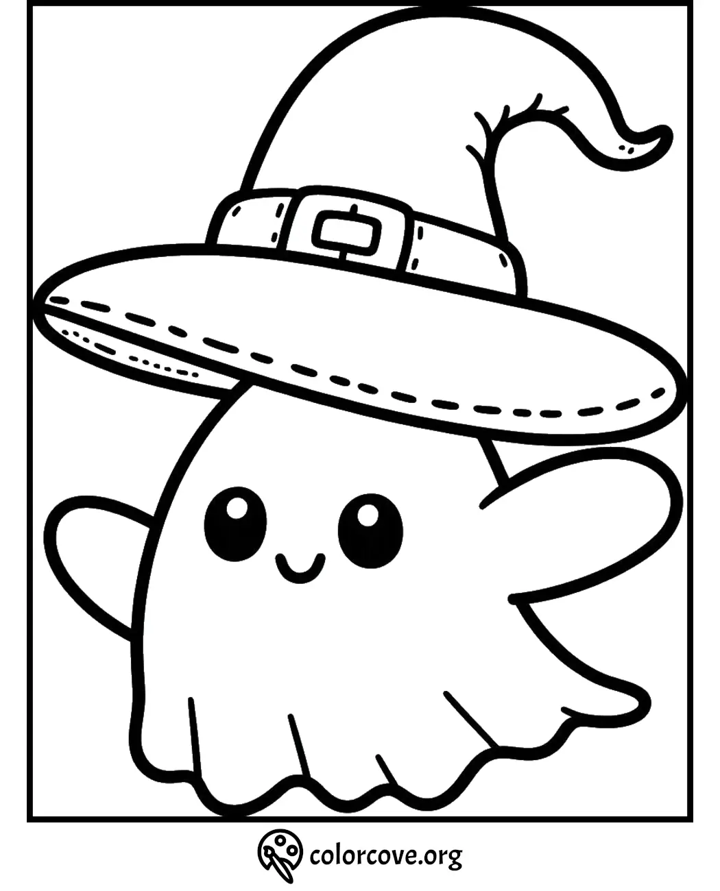 Cute ghost in a witch hat coloring page for Halloween fun. Perfect for kids' coloring activities.