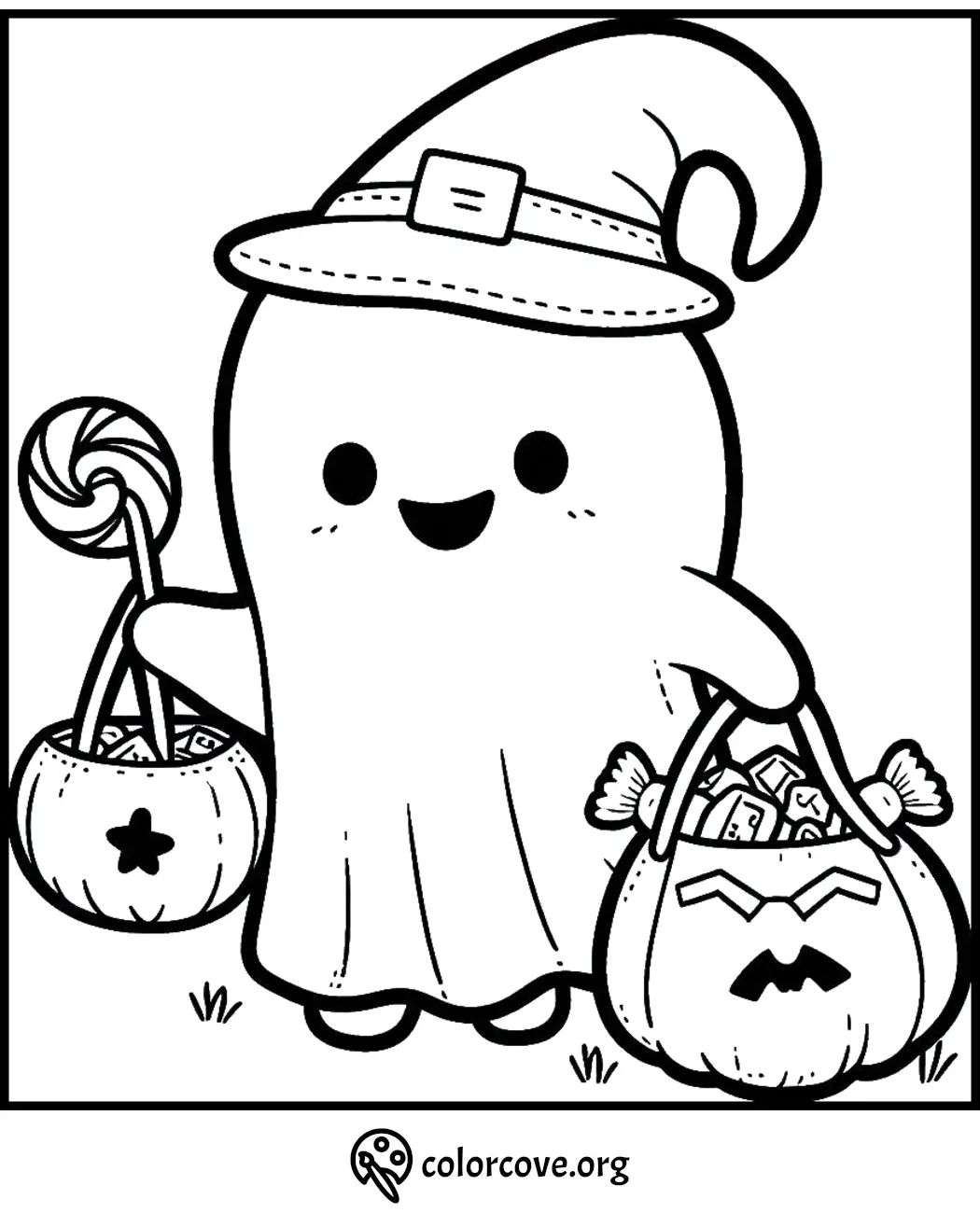 Cute ghost in a witch hat holding Halloween candy buckets. Coloring page for kids.