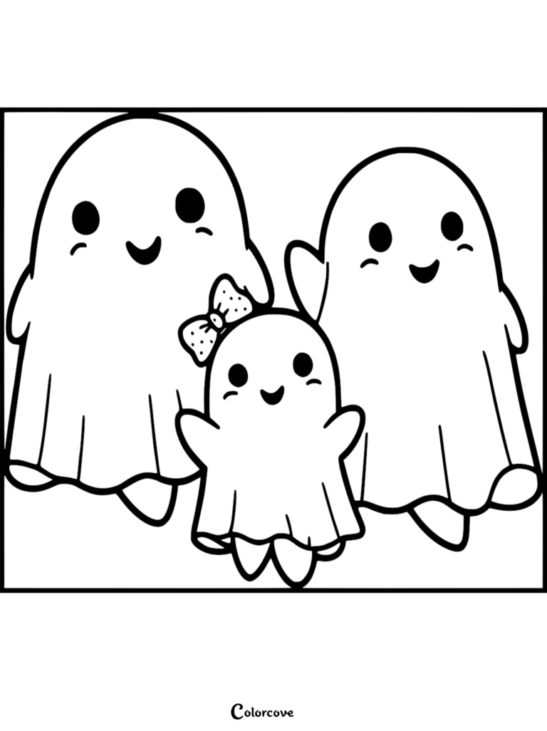 A printable coloring page featuring a cute ghost family of three, with a small ghost wearing a polka-dot bow standing between two larger ghosts.
