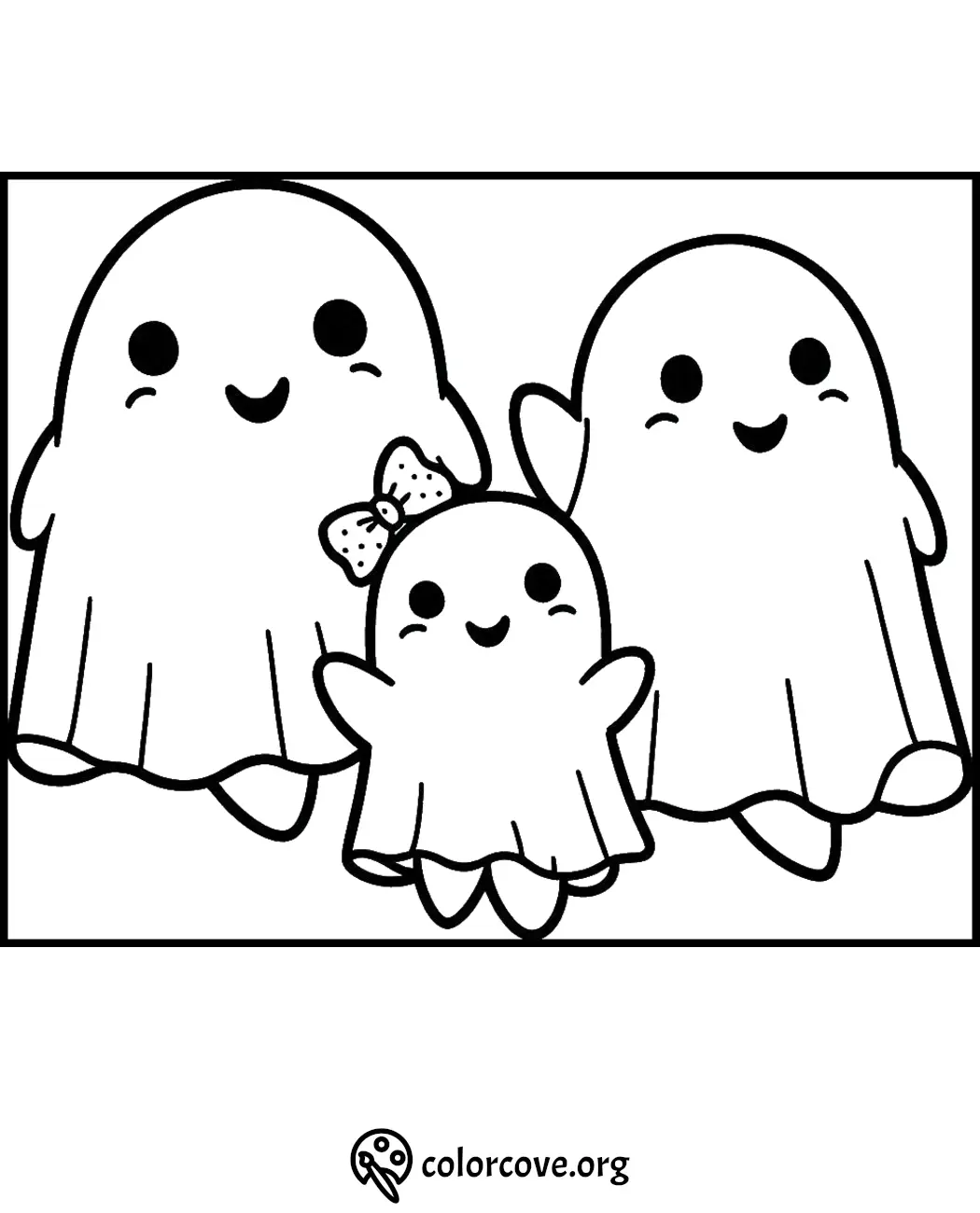 Cute ghost family coloring page, featuring three smiling ghosts with a bow, ideal for Halloween activities.