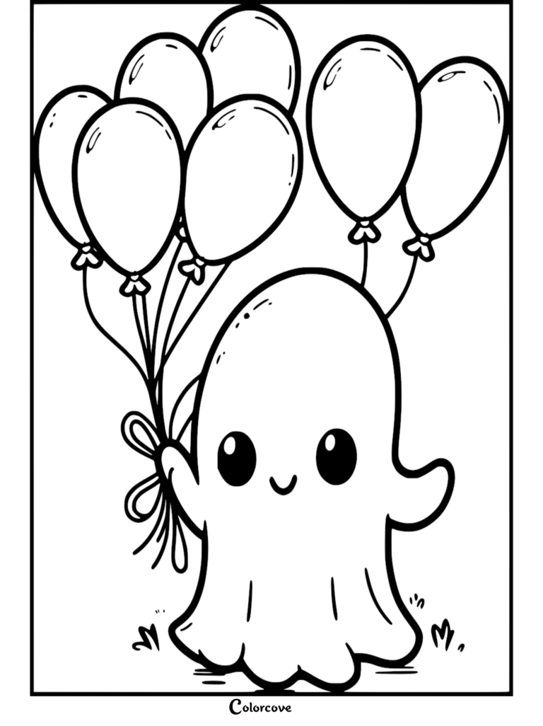 A friendly, simple cute ghost holding a bunch of five round party balloons, coloring page style line art.