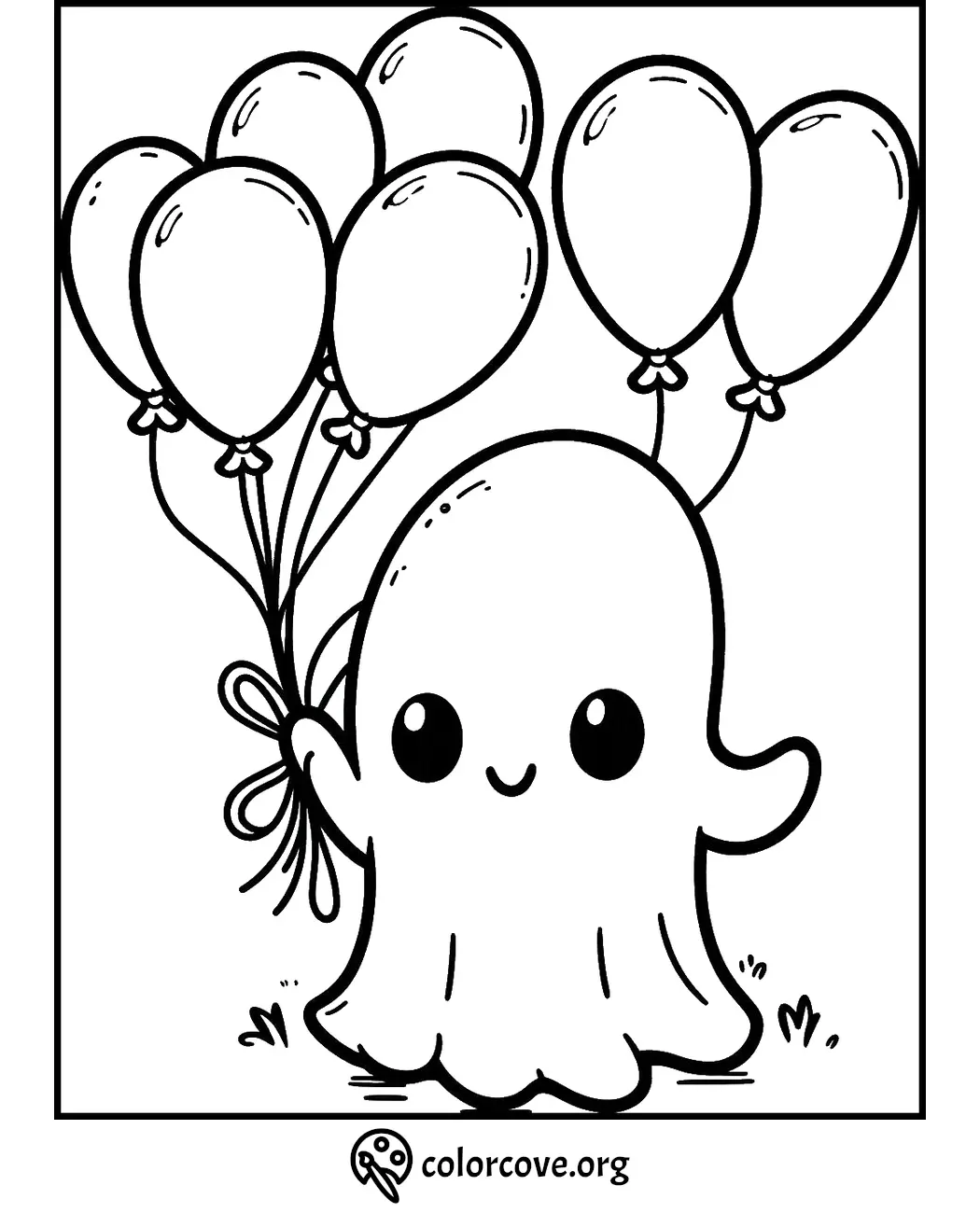 Cute ghost holding balloons coloring page for kids. Fun Halloween printable activity.