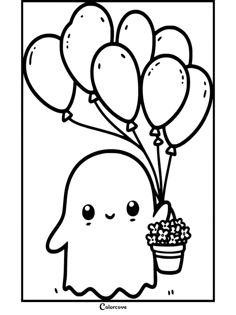 A cute ghost holding a bundle of five balloons and a small potted flower bouquet in this printable coloring page.