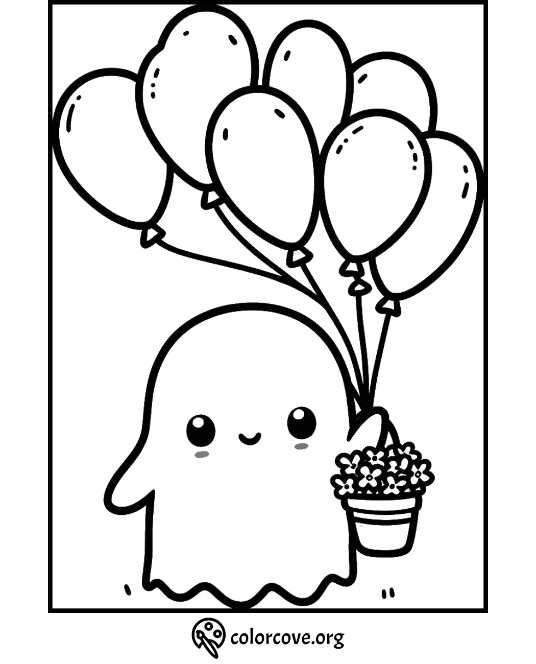 Cute ghost holding balloons and a flower pot coloring page. Perfect for kids' Halloween crafts and fun activities.