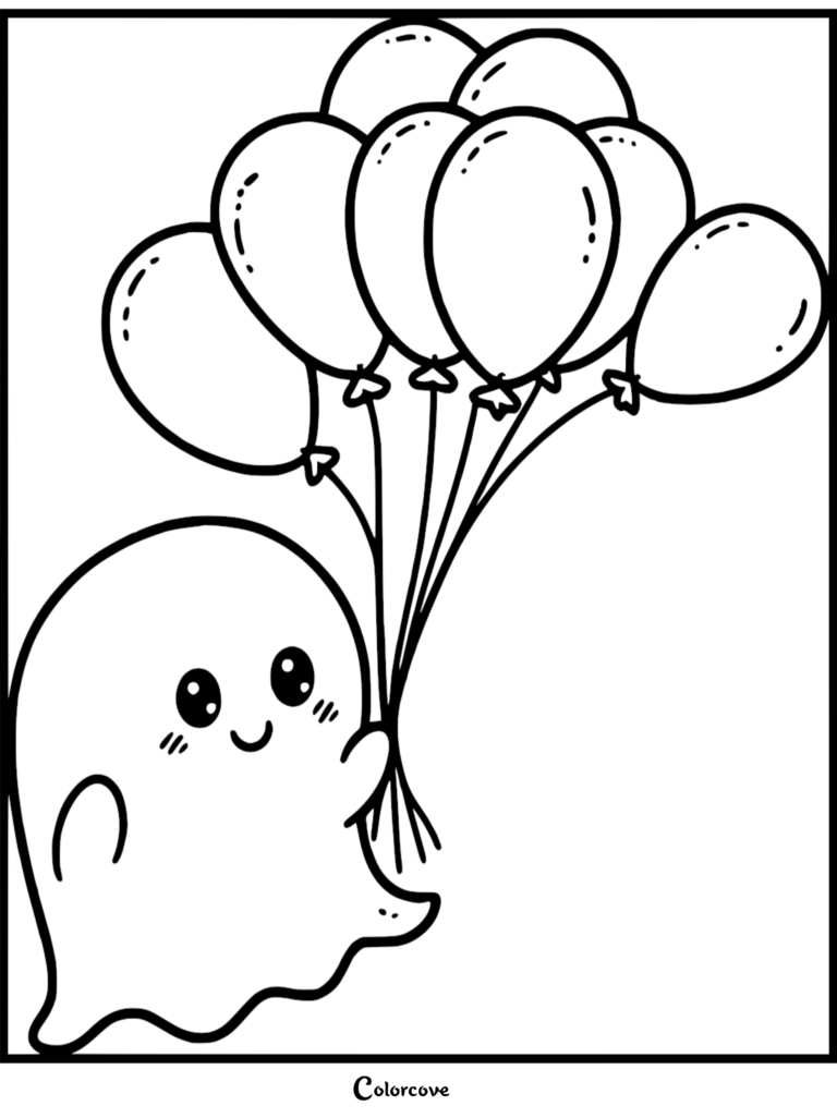 A printable coloring page of a cute ghost with blushing cheeks holding a large cluster of six helium balloons.