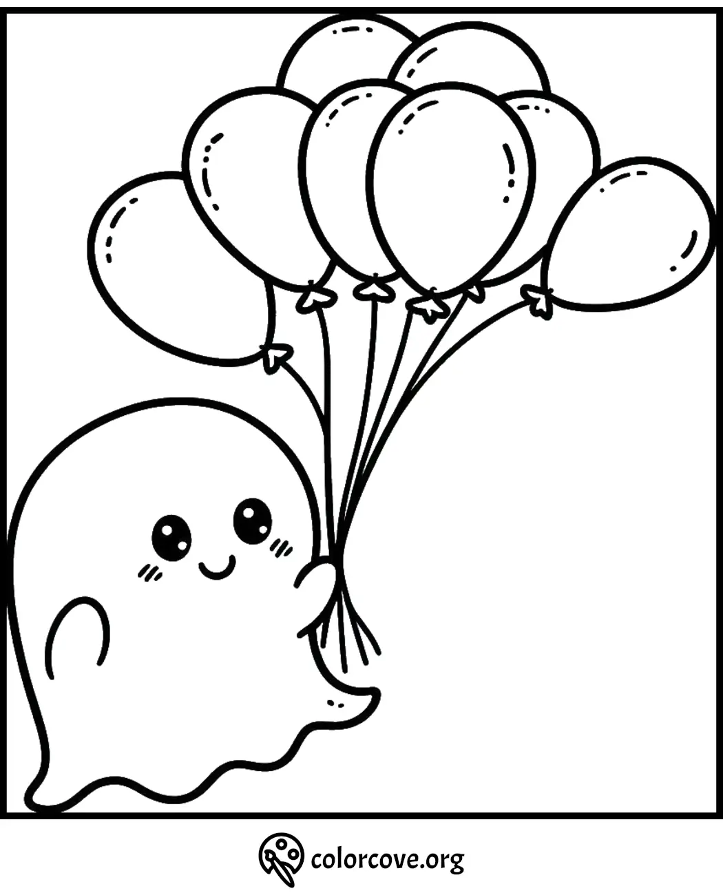 Cute ghost holding balloons coloring page for kids, perfect for Halloween fun and creativity.