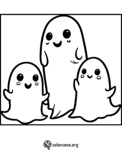 Cute ghost family coloring page for kids, featuring three smiling cartoon ghosts. Perfect for Halloween fun activities.