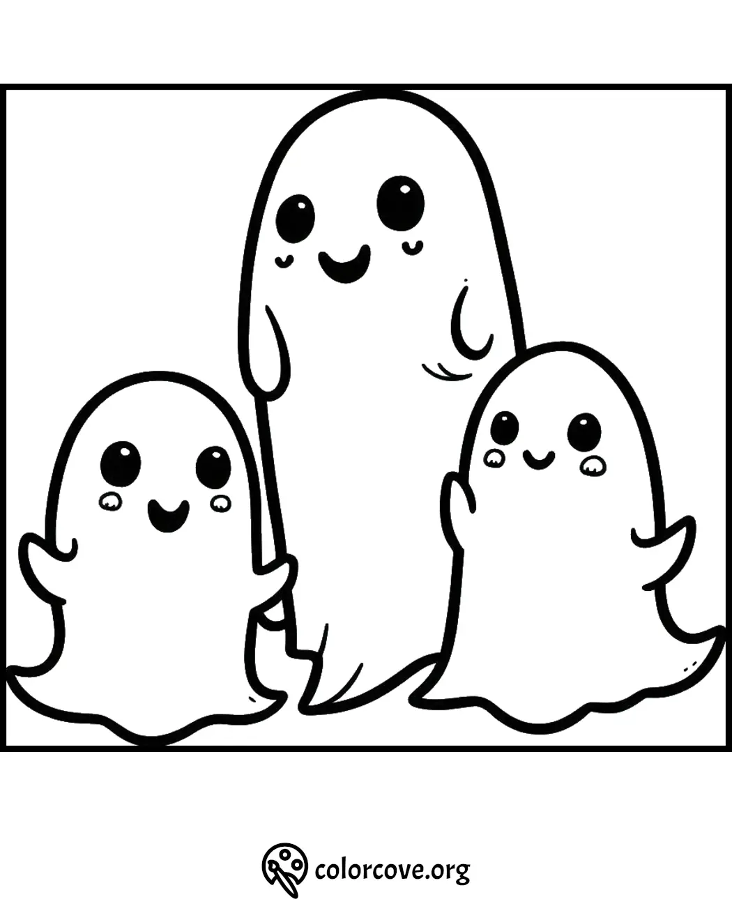 Cute ghost family coloring page for kids, featuring three smiling cartoon ghosts. Perfect for Halloween fun activities.