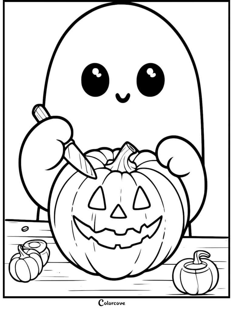 A cute ghost carving a jack-o'-lantern with a small knife, surrounded by smaller pumpkins, in a line art coloring page style.