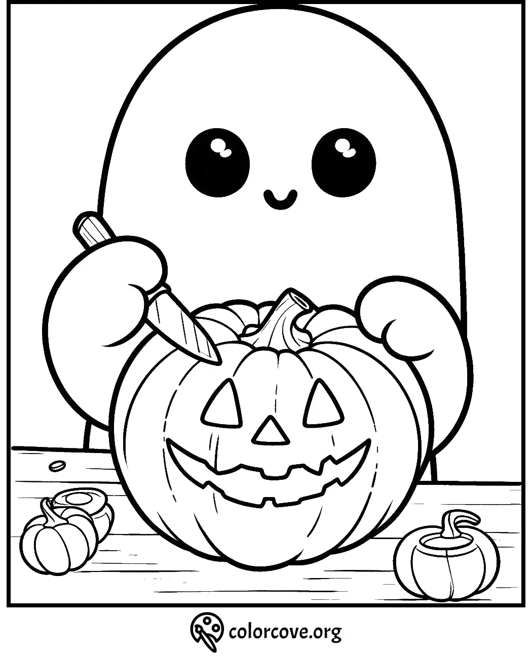 Cute ghost carving Halloween pumpkin coloring page with jack-o'-lantern face. Holiday fun for kids.