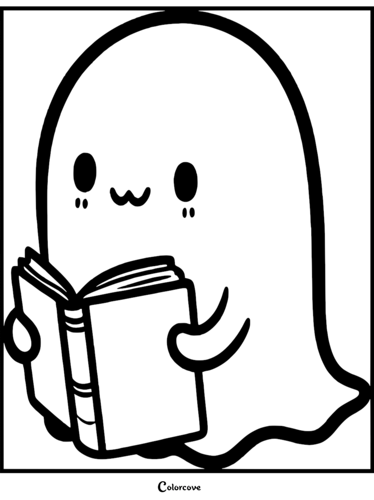 A cute ghost with a w-shaped mouth holding an open hardcover book in this printable coloring page.