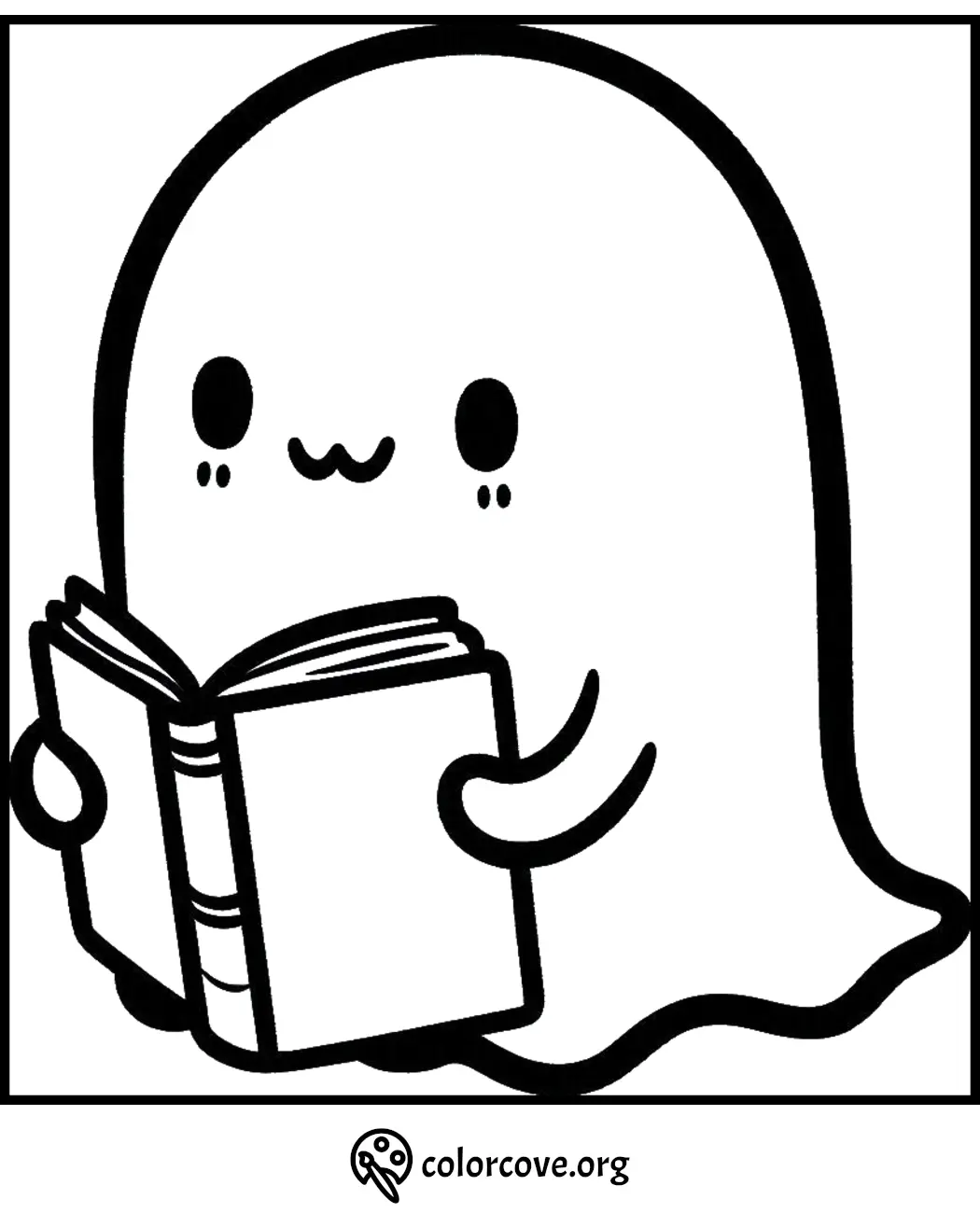 Cute ghost reading a book coloring page for kids, printable Halloween activity, black and white line art.