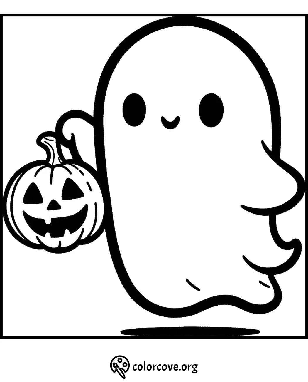 Cute ghost holding a Halloween pumpkin coloring page for kids.