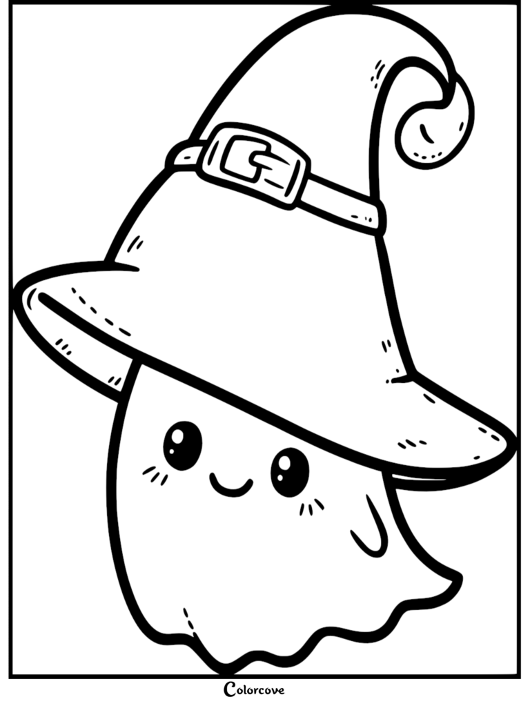 A simple line art coloring page of a cute kawaii ghost wearing a large, pointed witch hat with a buckled belt.