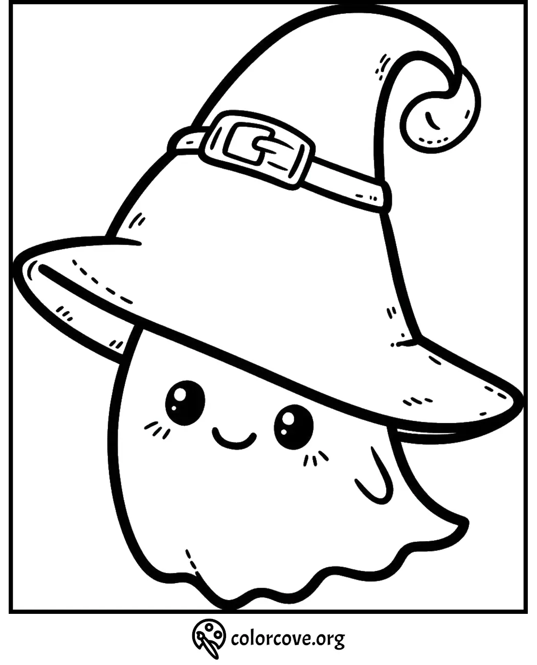 Cute ghost in witch hat coloring page for Halloween fun and creativity.