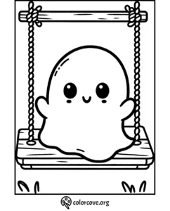 Cute ghost on a swing coloring page, perfect for Halloween-themed fun and creativity.