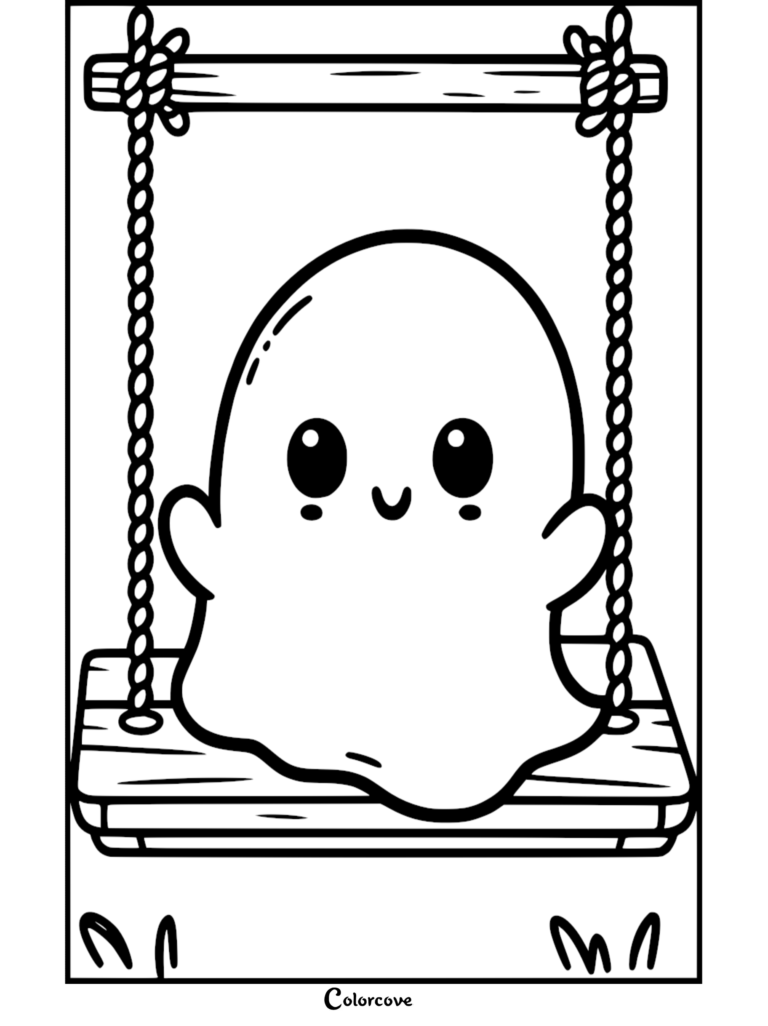 A printable coloring page featuring a cute ghost with large eyes and a smile sitting on a wooden rope swing.