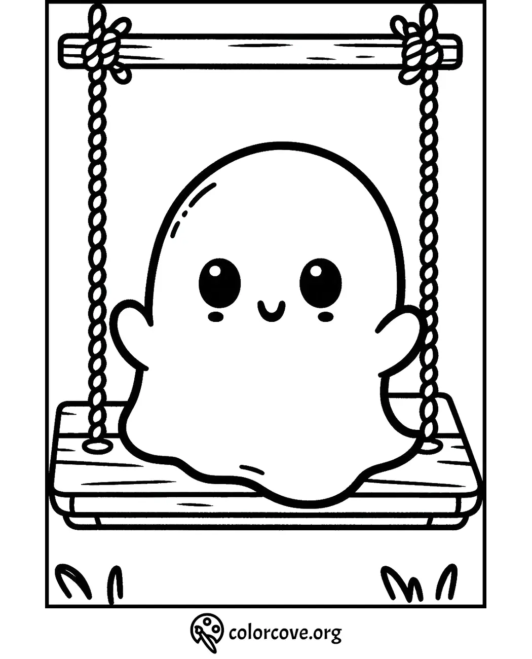 Cute ghost on a swing coloring page, perfect for Halloween-themed fun and creativity.